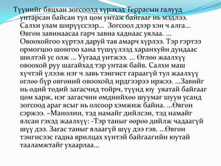 Түүнийг бяцхан зогсоолд хүрэхэд Террасын галууд унтарсан байсан тул цөм унтаж байгааг нь мэдлээ. Салхи улам ширүүссээр...  Зогсоол дээр хэн ч алга... Өвгөн завинаасаа гарч завиа хаднаас уялаа. ... Овоохойгоо хүртэл даруй тав амарч хүрлээ. Тэр гэртээ ормогцоо шонгоо хана түшүүлээд харанхуйн дундаас шилтэй ус олж ... Уугаад унтжээ. ... Өглөө жаалхүү овоохой руу шагайхад тэр унтаж байв. Салхи маш хүчтэй үлээж нэг ч завь тэнгист гараагүй тул жаалхүү өглөө бүр өвгөний овоохойд ирдгээрээ иржээ. ...Завийг нь өдий төдий загасчид тойрч, түүнд юу  уяатай байгааг цөм харж, нэг загасчин өмднийхөө шуумаг шуун усанд зогсоод араг ясыг нь олсоор хэмжиж байна. ...Өвгөн сэржээ. –Манолин, тэд намайг дийлсэн, тэд намайг ялсан гэхэд жаалхүү: -Тэр таныг өөрөө дийлж чадаагүй шүү дээ. Загас таныг ялаагүй шүү дээ гэв. ...Өвгөн тэнгисээс гадна ярилцах хүнтэй байгаагийн юутай тааламжтайг ухаарлаа...