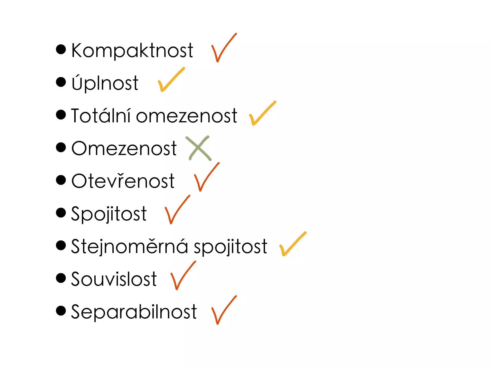 •Kompaktnost
•Úplnost
•Totální omezenost
•Omezenost
•Otevřenost
•Spojitost
•Stejnoměrná spojitost
•Souvislost
•Separabilnost
 