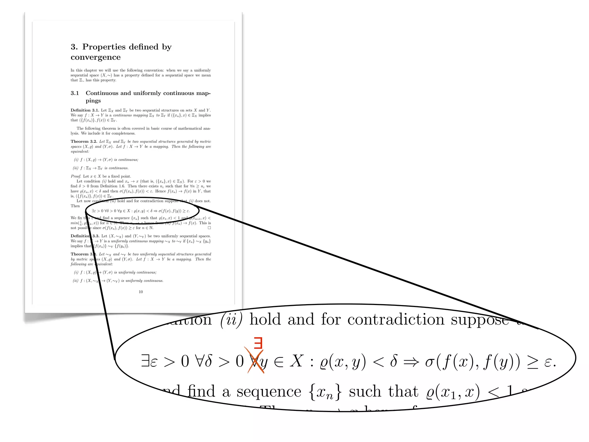 The following theorem is often covered in basic course of mathematic
lysis. We include it for completeness.
  3. Properties deﬁned by
  convergence
Theorem 3.2. Let ⌅X and ⌅Y be two sequential structures generated by
  In this chapter we will use the following convention: when we say a uniformly
  sequential space (X, ⇠) has a property deﬁned for a sequential space we mean
  that ⌅⇠ has this property.


spaces (X, %) and (Y, ). Let f : X ! Y be a mapping. Then the follow
  3.1     Continuous and uniformly continuous map-
          pings

equivalent:
  Deﬁnition 3.1. Let ⌅X and ⌅Y be two sequential structures on sets X and Y .
  We say f : X ! Y is a continuous mapping ⌅X to ⌅Y if ({xn }, x) 2 ⌅X implies
  that ({f (xn )}, f (x)) 2 ⌅Y .

      The following theorem is often covered in basic course of mathematical ana-
  lysis. We include it for completeness.


 (i) f : (X, %) ! (Y, ) is continuous;
  Theorem 3.2. Let ⌅X and ⌅Y be two sequential structures generated by metric
  spaces (X, %) and (Y, ). Let f : X ! Y be a mapping. Then the following are
  equivalent:

   (i) f : (X, %) ! (Y, ) is continuous;

   (ii) f : ⌅X ! ⌅Y is continuous.


 (ii) f : ⌅X ! ⌅Y is continuous.
  Proof. Let x 2 X be a ﬁxed point.
       Let condition (i) hold and xn ! x (that is, ({xn }, x) 2 ⌅X ). For " > 0 we
  ﬁnd > 0 from Deﬁnition 1.6. Then there exists n" such that for 8n          n" we
  have %(xn , x) < and then (f (xn ), f (x)) < ". Hence f (xn ) ! f (x) in Y , that
  is, ({f (xn )}, f (x)) 2 ⌅Y .
       Let now condition (ii) hold and for contradiction suppose that (i) does not.
  Then


Proof. Let x 2 X be a ﬁxed point.
                 9" > 0 8 > 0 8y 2 X : %(x, y) < ) (f (x), f (y)) ".
  We ﬁx this " and ﬁnd a sequence {xn } such that %(x1 , x) < 1 and %(xn+1 , x) <
  min( n , %(xn , x)) for n 2 N. Then xn ! x hence from (ii) f (xn ) ! f (x). This is
       1

  not possible since (f (xn ), f (x)) " for n 2 N.

     Let condition (i) hold and xn ! x (that is, ({xn }, x) 2 ⌅X ). For "
  Deﬁnition 3.3. Let (X, ⇠X ) and (Y, ⇠Y ) be two uniformly sequential spaces.
  We say f : X ! Y is a uniformly continuous mapping ⇠X to ⇠Y if {xn } ⇠X {yn }
  implies that {f (xn )} ⇠Y {f (yn )}.


ﬁnd > 0 from Deﬁnition 1.6. Then there exists n" such that for 8n
  Theorem 3.4. Let ⇠X and ⇠Y be two uniformly sequential structures generated
  by metric spaces (X, %) and (Y, ). Let f : X ! Y be a mapping. Then the
  following are equivalent:



have %(xn , x) < and then (f (xn ), f (x)) < ". Hence f (xn ) ! f (x) in
   (i) f : (X, %) ! (Y, ) is uniformly continuous;

   (ii) f : (X, ⇠X ) ! (Y, ⇠Y ) is uniformly continuous.

                                           10

is, ({f (xn )}, f (x)) 2 ⌅Y .
     Let now condition (ii) hold and for contradiction suppose that (i) do
Then                          ∃
               9" > 0 8 > 0 8y 2 X : %(x, y) < ) (f (x), f (y)) ".
We ﬁx this " and ﬁnd a sequence {xn } such that %(x1 , x) < 1 and %(xn+
min( n , %(xn , x)) for n 2 N. Then xn ! x hence from (ii) f (xn ) ! f (x).
     1

not possible since (f (xn ), f (x)) " for n 2 N.
 