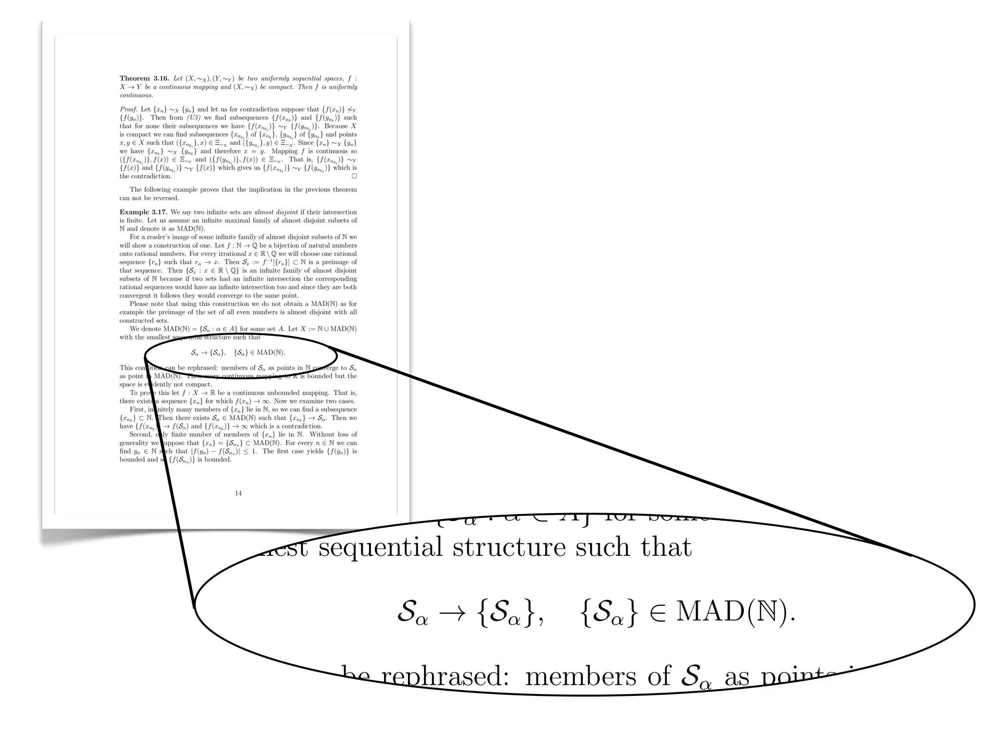 Example 3.17. We say two inﬁnite sets are almost disjoint if their inte
is ﬁnite. Let us assume an inﬁnite maximal family of almost disjoint su
N and denote it as MAD(N).
  Theorem 3.16. Let (X, ⇠X ), (Y, ⇠Y ) be two uniformly sequential spaces, f :
  X ! Y be a continuous mapping and (X, ⇠X ) be compact. Then f is uniformly
  continuous.

  Proof. Let {xn } ⇠X {yn } and let us for contradiction suppose that {f (xn )} 6⇠Y

    For a reader’s image of some inﬁnite family of almost disjoint subsets
  {f (yn )}. Then from (U3) we ﬁnd subsequences {f (xnk )} and {f (ynk )} such
  that for none their subsequences we have {f (xnki )} ⇠Y {f (ynki )}. Because X
  is compact we can ﬁnd subsequences {xnki } of {xnk }, {ynki } of {ynk } and points
  x, y 2 X such that ({xnki }, x) 2 ⌅⇠X and ({ynki }, y) 2 ⌅⇠X . Since {xn } ⇠X {yn }


will show a construction of one. Let f : N ! Q be a bijection of natural n
  we have {xnk } ⇠X {ynk } and therefore x = y. Mapping f is continuous so
  ({f (xnki )}, f (x)) 2 ⌅⇠Y and ({f (ynki )}, f (x)) 2 ⌅⇠Y . That is, {f (xnki )} ⇠Y
  {f (x)} and {f (ynki )} ⇠Y {f (x)} which gives us {f (xnki )} ⇠Y {f (ynki )} which is
  the contradiction.


onto rational numbers. For every irrational x 2 R  Q we will choose one
     The following example proves that the implication in the previous theorem
  can not be reversed.

  Example 3.17. We say two inﬁnite sets are almost disjoint if their intersection


sequence {rn } such that rn ! x. Then Sx := f 1 [{rn }] ⇢ N is a prei
  is ﬁnite. Let us assume an inﬁnite maximal family of almost disjoint subsets of
  N and denote it as MAD(N).
      For a reader’s image of some inﬁnite family of almost disjoint subsets of N we
  will show a construction of one. Let f : N ! Q be a bijection of natural numbers


that sequence. Then {Sx : x 2 R  Q} is an inﬁnite family of almost
  onto rational numbers. For every irrational x 2 R  Q we will choose one rational
  sequence {rn } such that rn ! x. Then Sx := f 1 [{rn }] ⇢ N is a preimage of
  that sequence. Then {Sx : x 2 R  Q} is an inﬁnite family of almost disjoint
  subsets of N because if two sets had an inﬁnite intersection the corresponding


subsets of N because if two sets had an inﬁnite intersection the corres
  rational sequences would have an inﬁnite intersection too and since they are both
  convergent it follows they would converge to the same point.
      Please note that using this construction we do not obtain a MAD(N) as for
  example the preimage of the set of all even numbers is almost disjoint with all
  constructed sets.


rational sequences would have an inﬁnite intersection too and since they a
      We denote MAD(N) = {S↵ : ↵ 2 A} for some set A. Let X := N [ MAD(N)
  with the smallest sequential structure such that

                           S↵ ! {S↵ },    {S↵ } 2 MAD(N).


convergent it follows they would converge to the same point.
  This condition can be rephrased: members of S↵ as points in N converge to S↵
  as point in MAD(N). Then every continuous mapping to R is bounded but the
  space is evidently not compact.
     To prove this let f : X ! R be a continuous unbounded mapping. That is,

    Please note that using this construction we do not obtain a MAD(N
  there exists a sequence {xn } for which f (xn ) ! 1. Now we examine two cases.
     First, inﬁnitely many members of {xn } lie in N, so we can ﬁnd a subsequence
  {xnk } ⇢ N. Then there exists S↵ 2 MAD(N) such that {xnk } ! S↵ . Then we
  have {f (xnk )} ! f (S↵ ) and {f (xnk )} ! 1 which is a contradiction.


example the preimage of the set of all even numbers is almost disjoint
     Second, only ﬁnite number of members of {xn } lie in N. Without loss of
  generality we suppose that {xn } = {S↵n } ⇢ MAD(N). For every n 2 N we can
  ﬁnd yn 2 N such that |f (yn ) f (S↵n )|  1. The ﬁrst case yields {f (yn )} is
  bounded and so {f (S↵n )} is bounded.


constructed sets.                          14


    We denote MAD(N) = {S↵ : ↵ 2 A} for some set A. Let X := N [ M
with the smallest sequential structure such that

                                                                                          S↵ ! {S↵ },   {S↵ } 2 MAD(N).

This condition can be rephrased: members of S↵ as points in N converg
as point in MAD(N). Then every continuous mapping to R is bounded
 