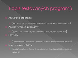 Popis testovaných programůAntivirové programy(AVG FE2011 10.0.1202,ESET NOD32 Antivirus 4.2.71.2,Avast! Free Antivirus 6.0)Anstispywarové programy(Spybot - S & D 1.6.2.46, Spyware Terminator 2.8.2.192,Spyware Begone 10.00)Firewally (Comodo Firewall 5.3.50343.1237,R-Firewall 1.05 #53, Ashampoo FireWall FREE 1.20)Internetové prohlížeče(Mozilla Firefox 3.6.13, Google Chrome 9.0.597.98 Final, Opera 11.01, MS Internet Explorer 8)