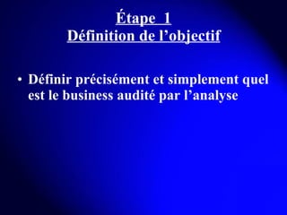 Étape  1 Définition de l’objectif Définir précisément et simplement quel est le business audité par l’analyse 