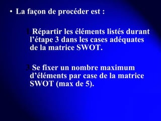 La façon de procéder est : Répartir les éléments listés durant l’étape 3 dans les cases adéquates de la matrice SWOT. Se fixer un nombre maximum d’éléments par case de la matrice SWOT (max de 5). 