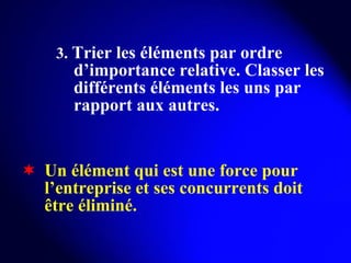 3.  Trier les éléments par ordre d’importance relative. Classer les différents éléments les uns par rapport aux autres. Un élément qui est une force pour l’entreprise et ses concurrents doit être éliminé. 