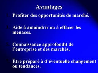 Avantages Profiter des opportunités de marché. Aide à amoindrir ou à effacer les menaces. Connaissance approfondit de l’entreprise et des marchés. Être préparé à d’éventuelle changement ou tendances. 