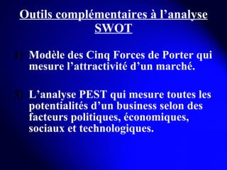 Outils complémentaires à l’analyse SWOT Modèle des Cinq Forces de Porter qui mesure l’attractivité d’un marché. L’analyse PEST qui mesure toutes les potentialités d’un business selon des facteurs politiques, économiques, sociaux et technologiques. 