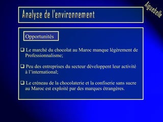 Le marché du chocolat au Maroc manque légèrement de  Professionnalisme; Peu des entreprises du secteur développent leur activité  à l’international; Le créneau de la chocolaterie et la confiserie sans sucre  au Maroc est exploité par des marques étrangères.  Aiguebelle Opportunités  Analyse de l'environnement 