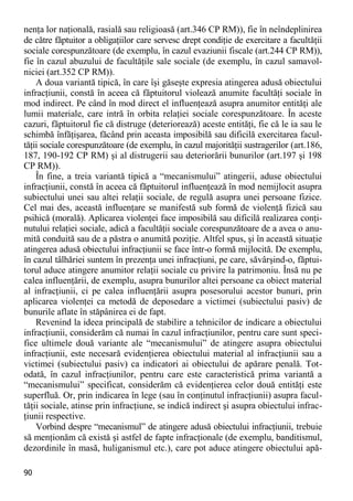 90 
nenţa lor naţională, rasială sau religioasă (art.346 CP RM)), fie în neîndeplinirea de către făptuitor a obligaţiilor care servesc drept condiţie de exercitare a facultăţii sociale corespunzătoare (de exemplu, în cazul evaziunii fiscale (art.244 CP RM)), fie în cazul abuzului de facultăţile sale sociale (de exemplu, în cazul samavol- niciei (art.352 CP RM)). 
A doua variantă tipică, în care îşi găseşte expresia atingerea adusă obiectului infracţiunii, constă în aceea că făptuitorul violează anumite facultăţi sociale în mod indirect. Pe când în mod direct el influenţează asupra anumitor entităţi ale lumii materiale, care intră în orbita relaţiei sociale corespunzătoare. În aceste cazuri, făptuitorul fie că distruge (deteriorează) aceste entităţi, fie că le ia sau le schimbă înfăţişarea, făcând prin aceasta imposibilă sau dificilă exercitarea facul- tăţii sociale corespunzătoare (de exemplu, în cazul majorităţii sustragerilor (art.186, 187, 190-192 CP RM) şi al distrugerii sau deteriorării bunurilor (art.197 şi 198 CP RM)). 
În fine, a treia variantă tipică a “mecanismului” atingerii, aduse obiectului infracţiunii, constă în aceea că făptuitorul influenţează în mod nemijlocit asupra subiectului unei sau altei relaţii sociale, de regulă asupra unei persoane fizice. Cel mai des, această influenţare se manifestă sub formă de violenţă fizică sau psihică (morală). Aplicarea violenţei face imposibilă sau dificilă realizarea conţi- nutului relaţiei sociale, adică a facultăţii sociale corespunzătoare de a avea o anu- mită conduită sau de a păstra o anumită poziţie. Altfel spus, şi în această situaţie atingerea adusă obiectului infracţiunii se face într-o formă mijlocită. De exemplu, în cazul tâlhăriei suntem în prezenţa unei infracţiuni, pe care, săvârşind-o, făptui- torul aduce atingere anumitor relaţii sociale cu privire la patrimoniu. Însă nu pe calea influenţării, de exemplu, asupra bunurilor altei persoane ca obiect material al infracţiunii, ci pe calea influenţării asupra posesorului acestor bunuri, prin aplicarea violenţei ca metodă de deposedare a victimei (subiectului pasiv) de bunurile aflate în stăpânirea ei de fapt. 
Revenind la ideea principală de stabilire a tehnicilor de indicare a obiectului infracţiunii, considerăm că numai în cazul infracţiunilor, pentru care sunt speci- fice ultimele două variante ale “mecanismului” de atingere asupra obiectului infracţiunii, este necesară evidenţierea obiectului material al infracţiunii sau a victimei (subiectului pasiv) ca indicatori ai obiectului de apărare penală. Tot- odată, în cazul infracţiunilor, pentru care este caracteristică prima variantă a “mecanismului” specificat, considerăm că evidenţierea celor două entităţi este superfluă. Or, prin indicarea în lege (sau în conţinutul infracţiunii) asupra facul- tăţii sociale, atinse prin infracţiune, se indică indirect şi asupra obiectului infrac- ţiunii respective. 
Vorbind despre “mecanismul” de atingere adusă obiectului infracţiunii, trebuie să menţionăm că există şi astfel de fapte infracţionale (de exemplu, banditismul, dezordinile în masă, huliganismul etc.), care pot aduce atingere obiectului apă-  