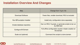 www.RedPillAnalytics.com info@RedPillAnalytics.com @RedPillA © 2016 RED PILL Analytics
Installation Overview And Changes
27
Step Change from 11g to 12c
Download Software Fewer ﬁles, smaller download, RCU is included
Run BIFoundation Installer Install only; conﬁguration done separately
Create database repository
Can run RCU 11g-style, or generate scripts to be run
by DBA later
Conﬁgure BI Domain
Full ofﬂine conﬁguration results in faster creation of
the domain
Scale out (optional) Command line scripts to clone domain
 