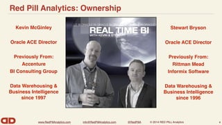 www.RedPillAnalytics.com info@RedPillAnalytics.com @RedPillA © 2014 RED PILL Analytics
Red Pill Analytics: Ownership
4
Stewart Bryson
Oracle ACE Director
Previously From:
Rittman Mead
Informix Software
Data Warehousing &
Business Intelligence
since 1996
Kevin McGinley
Oracle ACE Director
Previously From:
Accenture
BI Consulting Group
Data Warehousing &
Business Intelligence
since 1997
 