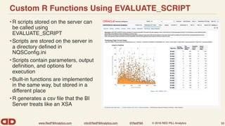 www.RedPillAnalytics.com info@RedPillAnalytics.com @RedPillA © 2016 RED PILL Analytics
Custom R Functions Using EVALUATE_SCRIPT
•R scripts stored on the server can
be called using
EVALUATE_SCRIPT
•Scripts are stored on the server in
a directory deﬁned in
NQSConﬁg.ini
•Scripts contain parameters, output
deﬁnition, and options for
execution
•Built-in functions are implemented
in the same way, but stored in a
different place
•R generates a csv ﬁle that the BI
Server treats like an XSA
53
 