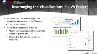 Rearranging	
  the	
  Visualizations	
  in	
  a	
  VA	
  Project
• Visualizations	
  can	
  be	
  rearranged	
  just	
  
dragging	
  and	
  dropping	
  on	
  the	
  VA	
  canvas	
  
• Can	
  be	
  also	
  resized	
  	
  
• Visualization	
  properties	
  allows	
  to	
  
• Modify	
  the	
  visualisation	
  titles,	
  axis	
  titles	
  
in	
  case	
  of	
  graphs,	
  etc.	
  
• Change	
  the	
  default	
  aggregation	
  for	
  
measures	
  
	
  
 