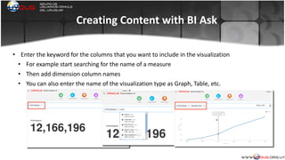 Creating	
  Content	
  with	
  BI	
  Ask
• Enter	
  the	
  keyword	
  for	
  the	
  columns	
  that	
  you	
  want	
  to	
  include	
  in	
  the	
  visualization	
  
• For	
  example	
  start	
  searching	
  for	
  the	
  name	
  of	
  a	
  measure	
  
• Then	
  add	
  dimension	
  column	
  names	
  
• You	
  can	
  also	
  enter	
  the	
  name	
  of	
  the	
  visualization	
  type	
  as	
  Graph,	
  Table,	
  etc.	
  
	
  
 