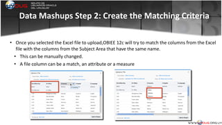 Data	
  Mashups	
  Step	
  2:	
  Create	
  the	
  Matching	
  Criteria
• Once	
  you	
  selected	
  the	
  Excel	
  file	
  to	
  upload,OBIEE	
  12c	
  will	
  try	
  to	
  match	
  the	
  columns	
  from	
  the	
  Excel	
  
file	
  with	
  the	
  columns	
  from	
  the	
  Subject	
  Area	
  that	
  have	
  the	
  same	
  name.	
  
• This	
  can	
  be	
  manually	
  changed.	
  
• A	
  file	
  column	
  can	
  be	
  a	
  match,	
  an	
  attribute	
  or	
  a	
  measure	
  	
  
	
  
 