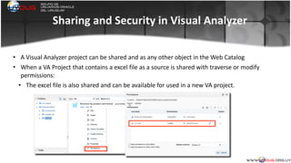 Sharing	
  and	
  Security	
  in	
  Visual	
  Analyzer
• A	
  Visual	
  Analyzer	
  project	
  can	
  be	
  shared	
  and	
  as	
  any	
  other	
  object	
  in	
  the	
  Web	
  Catalog	
  
• When	
  a	
  VA	
  Project	
  that	
  contains	
  a	
  excel	
  file	
  as	
  a	
  source	
  is	
  shared	
  with	
  traverse	
  or	
  modify	
  
permissions:	
  
• The	
  excel	
  file	
  is	
  also	
  shared	
  and	
  can	
  be	
  available	
  for	
  used	
  in	
  a	
  new	
  VA	
  project.	
  
	
  
 
