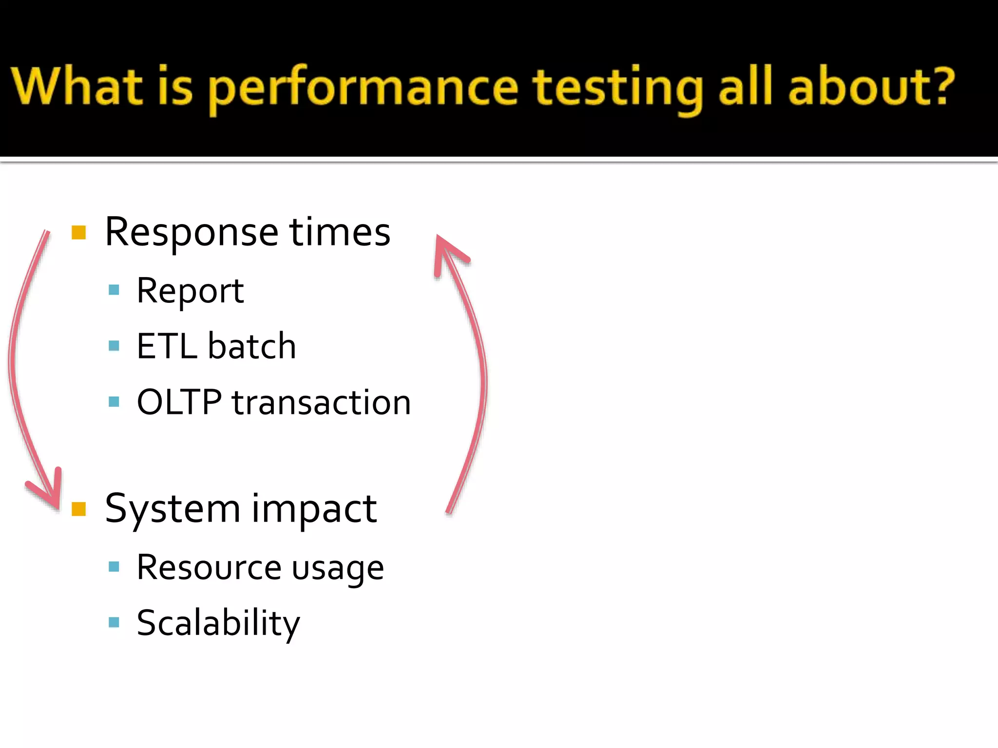  Response times 
 Report 
 ETL batch 
 OLTP transaction 
 System impact 
 Resource usage 
 Scalability 
 