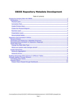 OBIEE Repository Metadata Development

                                                 Table of contents
Process for bringing data into OBIEE.............................................................................2
  Dimensions............................................................................................................2
    Physical Layer......................................................................................................2
     Connection Pool....................................................................................................3
     Create Primary Keys..............................................................................................3
     Create the Physical Diagram...................................................................................3
     Business Layer ....................................................................................................4
     Presentation Layer................................................................................................4
     Denormalized tables..............................................................................................4
Repository Documentation Utilities...............................................................................5
  Rename Wizard.......................................................................................................5
  Generating and Deploying a Metadata Dictionary........................................................5
  Generating Documentation of Repository Mappings.....................................................5
  Verify Data Type.....................................................................................................5
   Change the Date Data Type...................................................................................5
     Where are system-wide changes stored?.................................................................6
   Create Hierarchies...................................................................................................6
    Hierarchy Aggregation...........................................................................................6
     Hierarchy Errors...................................................................................................6
Building Hierarchies With Columns In Different Tables.....................................................7
Changes Applied Through Answers...............................................................................8
  Formatting Data Values...........................................................................................8
  Request Filters......................................................................................................10
    Protect Filters Passed through Dashboard...............................................................10




/home/pptfactory/temp/20120307114855/obieemetadatadevelopment-120307054853-phpapp02.doc
                                                        Page 1
 