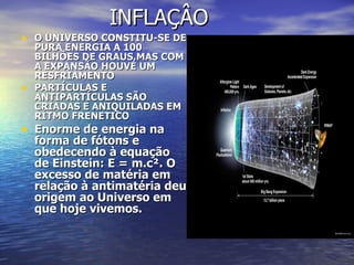 INFLAÇÂO O UNIVERSO CONSTITU-SE DE PURA ENERGIA A 100 BILHÕES DE GRAUS,MAS COM A EXPANSÃO HOUVE UM RESFRIAMENTO PARTÍCULAS E ANTIPARTÍCULAS SÃO CRIADAS E ANIQUILADAS EM RÍTMO FRENETICO Enorme de energia na forma de fótons e obedecendo à equação de Einstein: E = m.c². O excesso de matéria em relação à antimatéria deu origem ao Universo em que hoje vivemos. 