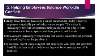 12. Helping Employees Balance Work-Life
Conflicts
Finally, fewer families have only a single breadwinner. Today’s married
employee is typically part of a dual-career couple. This makes it
increasingly difficult for married employees to find the time to fulfill
commitments to home, spouse, children, parents, and friends.
Employees are increasingly recognizing that work is squeezing out personal
lives and they’re not happy about it.
For example, recent studies suggest that employees want jobs that give them
flexibility in their work schedules so they can better manage work/life
conflicts.
 