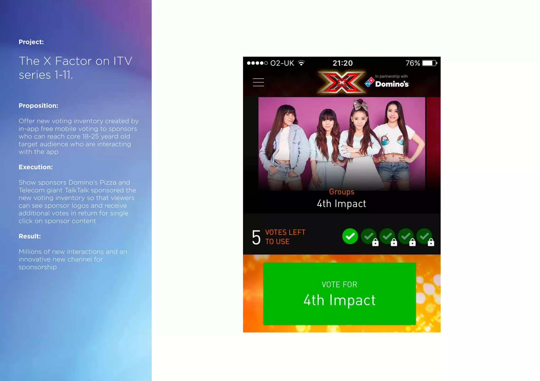 Project:
The X Factor on ITV
series 1-11.
Proposition:
Offer new voting inventory created by
in-app free mobile voting to sponsors
who can reach core 18-25 yeard old
target audience who are interacting
with the app
Execution:
Show sponsors Domino’s Pizza and
Telecom giant TalkTalk sponsored the
new voting inventory so that viewers
can see sponsor logos and receive
additional votes in return for single
click on sponsor content
Result:
Millions of new interactions and an
innovative new channel for
sponsorship
 