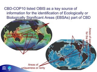 CBD-COP10 listed OBIS as a key source of
 information for the identification of Ecologically or
 Biologically Significant Areas (EBSAs) part of CBD




                                                Areas of special importance
                                                   for the life history of a
 Areas of significant naturalness
       Areas of high biodiversity




                                                          species
                  Areas of
             uniqueness or rarity
 