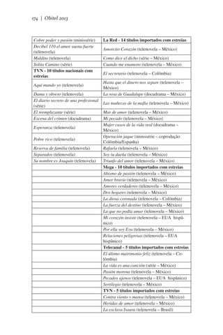 174 | Obitel 2013

Cobre poder y pasión (minissérie)
Decibel 110 el amor suena fuerte
(telenovela)
Maldita (telenovela)
Solita Camino (série)
TVN - 10 títulos nacionais com
estreias
Aquí mando yo (telenovela)
Dama y obrero (telenovela)
El diario secreto de una profesional
(série)
El reemplazante (série)
Escena del crimen (docudrama)
Esperanza (telenovela)
Pobre rico (telenovela)
Reserva de familia (telenovela)
Separados (telenovela)
Su nombre es Joaquín (telenovela)

La Red - 14 títulos importados com estreias
Amorcito Corazón (telenovela – México)
Como dice el dicho (série – México)
Cuando me enamoro (telenovela – México)
El secretario (telenovela – Colômbia)
Hasta que el dinero nos separe (telenovela –
México)
La rosa de Guadalupe (docudrama – México)
Las muñecas de la mafia (telenovela – México)
Mar de amor (telenovela – México)
Mi pecado (telenovela – México)
Mujer casos de la vida real (docudrama –
México)
Operación jaque (minissérie – coprodução
Colômbia/Espanha)
Rafaela (telenovela – México)
Soy tu dueña (telenovela – México)
Triunfo del amor (telenovela – México)
Mega - 10 títulos importados com estreias
Abismo de pasión (telenovela – México)
Amor bravío (telenovela – México)
Amores verdaderos (telenovela – México)
Dos hogares (telenovela – México)
La diosa coronada (telenovela – Colômbia)
La fuerza del destino (telenovela – México)
La que no podía amar (telenovela – México)
Mi corazón insiste (telenovela – EUA  hispânico)
Por ella soy Eva (telenovela – México)
Relaciones peligrosas (telenovela – EUA  
hispânico)
Telecanal - 5 títulos importados com estreias
El último matrimonio feliz (telenovela – Colômbia)
La vida es una canción (série – México)
Pasión morena (telenovela – México)
Pecados ajenos (telenovela – EUA  hispânico)
Sortilegio (telenovela – México)
TVN - 5 títulos importados com estreias
Contra viento y marea (telenovela – México)
Heridas de amor (telenovela – México)
La esclava Isaura (telenovela – Brasil)

 