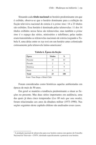 Chile – Mudanças na indústria | 179

Situando cada título nacional no horário predominante em que
é exibido, observa-se que o horário dominante para a exibição da
ficção televisiva nacional de estreia é o prime time: 14 a 23 títulos
são exibidos. Esse horário é dominado pelas telenovelas: 11 dos 14
títulos exibidos nessa faixa são telenovelas; mas também o prime
time é o espaço das séries, minisséries e telefilmes; pelas tardes
eram transmitidas as telenovelas nacionais de estreia (segundo a Tabela 8, uma delas entre os top ten) em um horário antes colonizado
exitosamente pela telenovela latino-americana3.
Tabela 6. Época da ficção
Época

Títulos

%

Presente

19

83

Passado

2

9

Histórica

2

9

Outro

0

0

Total

23

100

Fonte: Time Ibope e Obitel Chile

Foram consideradas como históricas aquelas ambientadas em
épocas de mais de 50 anos.
Em geral se mantém a tendência predominante a situar as ficções no presente. Mas duas séries importantes em audiência, uma
das quais já dura cinco temporadas (Los 80 más que una moda),
foram relacionadas aos anos da ditadura militar (1973-1990). Nas
seções seguintes deste capítulo chileno são analisados esses casos.

A produção nacional de telenovelas para esse horário contou com aportes do Conselho
Nacional de Televisão – CNTV, destinado especificamente a potenciar esse horário.

3

 