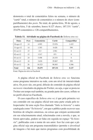 Chile – Mudanças na indústria | 185

demonstra o total de comentários feitos na semana, o número de
“curtir” total, o número de comentários e o número de share (compartilhamento) dos posts. No total, de quinta-feira, 30 de agosto, a
quarta-feira, 5 de setembro, houve 8.127 shares, 187.331 “curtir”,
35.679 comentários e 126 compartilhamentos.
Tabela 11. Atividade na página do Facebook de Soltera otra vez
Datas
30-ago-12

Posts

Comentários

Curtir

Compartilhar

14

4.995

23.976

1.432

31-ago-12

14

1.303

8.420

590

01-set-12

15

213

2.961

0

02-set-12

15

3.517

871

0

03-set-12

24

5.498

24.353

0

04-set-12

18

3.630

29.867

599

05-set-12

26

16.523

96.883

5.506

Total

126

35.679

187.331

8.127

Fonte: Página da série no Facebook

A página oficial no Facebook de Soltera otra vez funciona
como programa interativo na rede, com um nível de interatividade
ativa. Os posts são, em geral, difusão de conteúdo da página oficial
ou tweets vinculados da página do Twitter, ou seja, o que se posta no
Twitter em tempo real também, na grande parte dos casos, reflete-se
no perfil oficial no Facebook.
O caso específico de Soltera otra vez é que pela primeira vez
seu conteúdo em sua página oficial tem uma parte criada pelo telespectador: há uma seção fixa chamada “Sube tu historia” e outra
catalogada como “Tu historia”, em que o público pode escrever suas
histórias de relações amorosas, ou coisas que estejam acontecendo
em seu relacionamento atual, relacionadas com a novela, e que, se
forem aprovadas, podem ser lidas em seguida no espaço “Tu historia”, publicadas com o nome do seu autor. Isso faz com que a página oficial seja um programa transmidiático (permite o download
de imagens e há mais que meros programas com possibilidade de

 