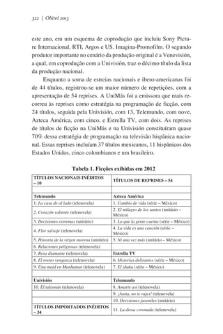322 | Obitel 2013

este ano, em um esquema de coprodução que incluiu Sony Picture Internacional, RTI, Argos e US. Imagina-Promofilm. O segundo
produtor importante no cenário da produção original é a Venevisión,
a qual, em coprodução com a Univisión, traz o décimo título da lista
da produção nacional.  
Enquanto a soma de estreias nacionais e ibero-americanas foi
de 44 títulos, registrou-se um maior número de repetições, com a
apresentação de 54 reprises. A UniMás foi a emissora que mais recorreu às reprises como estratégia na programação de ficção, com
24 títulos, seguida pela Univisión, com 13, Telemundo, com nove,
Azteca América, com cinco, e Estrella TV, com dois. As reprises
de títulos de ficção na UniMás e na Univisión constituíram quase
70% dessa estratégia de programação na televisão hispânica nacional. Essas reprises incluíam 37 títulos mexicanos, 11 hispânicos dos
Estados Unidos, cinco colombianos e um brasileiro.  
Tabela 1. Ficções exibidas em 2012
TÍTULOS NACIONAIS INÉDITOS
– 10
 
Telemundo
1. La casa de al lado (telenovela)
2. Corazón valiente (telenovela)
3. Decisiones extremas (unitário)
4. Flor salvaje (telenovela)
5. Historia de la virgen morena (unitário)
6. Relaciones peligrosas (telenovela)
7. Rosa diamante (telenovela)
8. El rostro venganza (telenovela)
9. Una maid en Manhattan (telenovela)
 
Univisión
10. El talismán (telenovela)
 
 
TÍTULOS IMPORTADOS INÉDITOS
– 34

TÍTULOS DE REPRISES – 54
 
Azteca América
1. Cambio de vida (série – México)
2. El milagro de los santos (unitário –
México)
3. Lo que la gente cuenta (série – México)
4. La vida es una canción (série –
México)
5. Ni una vez más (unitário – México)
 
Estrella TV
6. Historias delirantes (série – México)
7. El shaka (série – México)
Telemundo
8. Amarte así (telenovela)
9. ¡Anita, no te rajes! (telenovela)
10. Decisiones juveniles (unitário)
11. La diosa coronada (telenovela)

 