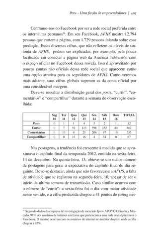 Peru – Uma ficção de empreendedores | 403

Centramo-nos no Facebook por ser a rede social preferida entre
os internautas peruanos16. Em seu Facebook, AFHS mostra 12.794
pessoas que curtem a página, com 1.729 pessoas falando sobre essa
produção. Essas discretas cifras, que não refletem os níveis de sintonia de AFHS, podem ser explicadas, por exemplo, pela pouca
facilidade em conectar a página web da América Televisión com
o espaço oficial no Facebook dessa novela. Isso é aproveitado por
poucas contas não oficiais dessa rede social que aparecem como
uma opção atrativa para os seguidores de AFHS. Como veremos
mais adiante, suas cifras globais superam as da conta oficial por
uma considerável margem.
Deve-se ressaltar a distribuição geral dos posts, “curtir”, “comentários” e “compartilhar” durante a semana de observação escolhida:

Posts
Curtir
Comentários
Compartilhar

Seg
10
0
0
0
0

Ter
11
1
7
13
0

Qua
12
1
52
4
13

Qui
13
4
113
25
16

Sex
14
3
398
206
4

Sáb
15
2
252
97
34

Dom
16
1
40
10
0

TOTAL
12
862
355
67

Nas postagens, a tendência foi crescente à medida que se aproximava o capítulo final da temporada 2012, emitido na sexta-feira,
14 de dezembro. Na quinta-feira, 13, obteve-se um maior número
de postagens para gerar a expectativa do capítulo final do dia seguinte. Deve-se destacar, ainda que não favorecesse a AFHS, a falta
de atividade que se registrou na segunda-feira, 10, apesar de ser o
início da última semana de transmissão. Caso similar ocorreu com
o número de “curtir”: a sexta-feira foi o dia com maior atividade
nesse sentido, e a cifra produzida chegou a 41 pontos de rating nes-

Segundo dados da empresa de investigação de mercado Ipsos APOYO Opinión y Mercado, 98% dos usuários de internet em Lima que pertencem a uma rede social preferem o
Facebook. O mesmo ocorreu com os usuários de internet no interior do país, onde a cifra
chegou a 95%.
16

 