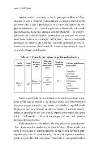 440 | Obitel 2013

Assim, tendo como base a ficção portuguesa Dancin’ days,
entende-se que a recepção transmidiática se encontra parcialmente
desenvolvida, já que a participação se dá mais em termos de resposta e interação com o conteúdo proposto – através de práticas de
recomendação, discussão, crítica e compartilhamento – do que propriamente na transformação do consumidor em produtor de novos
conteúdos postos em circulação. Além disso, nota-se a moderada
produção de material de narrativa ficcional destinado exclusivamente a essas outras plataformas, de forma independente do que é
veiculado através da televisão.
Tabela 11. Tipos de interação e de práticas dominantes
Ficção
escolhida

Dancin’
days

Emissora

SIC

Páginas
da internet

Página do
Facebook

Tipos de
interação
transmidiática

Visualização
transmidiática

Níveis de
interatividade

Ativa

Práticas dominantes
dos usuários
Comentário
Celebração
Recomendação
Compartilhamento  
Interpretação
Crítica
Coleção
Armazenamento
Discussão

Sobre o conteúdo dos comentários, os usuários tendem a utilizar a rede para expressar a sua opinião acerca do comportamento
das personagens e enredo, bem como para celebrar a qualidade da
ficção e o bom desempenho de atores e atrizes. É comum comentarem os enunciados uns dos outros, expressarem expectativa pelo
início da telenovela e relatarem, em tempo real, que estão prontos
para assistir ao episódio.
Cabe mencionar a ocorrência de uma crítica ao conteúdo on-line ofertado pelos produtores de Dancin’ days. Desse modo, um
certo post em que os administradores da rede social revelam antecipadamente o desfecho de uma determinada situação causou desagrado a alguns fãs. Tal fato é passível de indiciar uma problemática

 