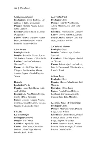 522 | Obitel 2013

8. Mi amor, mi amor
Produção: El árbol,  Endemol  Argentina  e  Telefé Contenidos
Direção: Mariano Ardanz e Juan
Pablo Laplace
Roteiro: Gustavo Belatti e Leonel
D´Agostino
Elenco: Juan Gil  Navarro, Jazmín
Stuart, Brenda Gandini, Martín
Seefeld e Federico D´Elía
9. Los únicos
Produção: Pol-ka
Direção: Sebastián Pivotto, Lucas
Gil, Rodolfo Antunez e Vícto Stella
Roteiro: Leandro Calderone e
Mariano Vera
Elenco: Nicolás Cabré, Nicolas
Vázquez, Emilia Attías, Marco
Antonio Caponi e María Eugenia
Suárez
10. Lobo
Produção: Pol-ka
Direção: Lucas Ruiz Barrea e Alejandro Ibáñez
Roteiro: Lily Ann Martin, Cecilia
Guerty e Pablo Junovich
Elenco: Gonzalo Heredia, Vanesa
González, Osvaldo Laport, Viviana
Saccone e Luisana Lopilato
BRASIL
1. Fina estampa
Produção: Globo/92
Direção: Wolf Maya
Roteirista: Aguinaldo Silva
Elenco: Lilia Cabral, Christiane
Torloni, Dalton Vigh, Marcelo
Serrado, Paulo Rocha

2. Avenida Brasil
Produção: Globo
Direção: Ricardo Waddington,
Amora Mautner, José Luiz Villamarim
Roteirista: João Emanuel Carneiro
Elenco: Débora Falabella, Adriana
Esteves, Murilo Benício, Cauã Reymond, Marcello Novaes
3. Cheias de charme
Produção: Globo
Direção: Carlos Araujo, Denise
Saraceni
Roteiristas: Filipe Miguez e Izabel
de Oliveira
Elenco: Taís Araújo, Leandra Leal,
Isabelle Drummond, Cláudia Abreu,
Ricardo Tozzi
4. Salve Jorge
Produção: Globo
Direção: Marcos Schechtman, Fred
Mayrink
Roteirista: Glória Perez
Elenco: Nanda Costa, Rodrigo
Lombardi, Giovanna Antonelli,
Claudia Raia, Totia Meirelles
5. Tapas e beijos (2ª temporada)
Produção: Globo
Direção: Maurício Farias, Daniela
Braga, Clara Kutner
Roteiristas: Claudio Paiva, Péricles
Barros, Claudio Lisboa, Nilton
Braga, Regina Valladares
Elenco: Fernanda Torres, Andrea
Beltrão, Fábio Assunção, Vladimir
Brichta, Otavio Muller

 