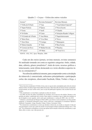 Quadro 2 – Corpus – Esfera dos outros veículos
Jornais19

Revistas Semanais20

Revistas Mensais

1º Folha de S.Paulo

1ª Veja

1ª Veja Edição Especial21

2º Super Notícia

2ª Época

2ª Nova Escola

3º Extra

3ª IstoÉ

3ª Cláudia

4º O Globo

4ª Caras

4ª Seleções Reader’s Digest

5º O Estado de S.Paulo

5ª Ana Maria

5ª Superinteressante

6º Meia Hora

6ª Viva Mais

6ª Nova

7º Zero Hora

7ª Contigo

7ª Manequim

8º Diário Gaúcho

8ª Tititi

8ª Boa Forma

9º Correio do Povo

9ª Minha Novela

9ª Playboy

10º Lance!

10ª Malu

10ª Você S.A.

FONTE: ANJ; IVC; Ipsos Marplan, 2009.

Cada um dos meios (jornais, revistas mensais, revistas semanais)
foi analisado tomando em conta as seguintes categorias: título, cidade,
data, editoria, gênero jornalístico22, título do texto, recursos gráficos e
tema/assunto, neste último destacando se o texto abordava aspectos intra ou extranarrativa23.
Na esfera da audiência/consumo, para compreender como a circulação
da telenovela é caracterizada, enfocamos principalmente a participação
online dos receptores, observando Facebook, Orkut, Twitter e blogs, e

19

Dessa lista não consideramos O Globo e Extra, uma vez que já estão contemplados pela esfera do emissor
(Editora Globo). Os diários Super Notícia (Belo Horizonte) e Meia Hora (Rio de Janeiro) foram considerados,
exclusivamente, em suas versões online, uma vez que são publicações regionais e não circulam fora de seus
estados.
20
Não consideramos a revista Época, analisada na esfera do emissor.
21
Em 2009, ano base dos dados consolidados de circulação, essa revista teve três edições. Durante os três
períodos de análise, a publicação não circulou. Outro aspecto a considerar é que os dados dos institutos só
são divulgados no ano seguinte, motivo pelo qual consideramos o ranking de 2009 e não o de 2010.
22
Adotamos a classificação de Marques de Melo (2003), que divide os textos jornalísticos em duas grandes
categorias: a) Jornalismo Informativo (nota, notícia, entrevista e reportagem); b) Jornalismo Opinativo
(Editorial; Comentário; Artigo; Resenha; Coluna; Crônica; Caricatura; Carta).
23
Por intranarrativa consideramos os textos que abordam a telenovela, seu enredo, as situações vividas por
seus personagens e textos que a partir do enredo e/ou personagens tenham estabelecido diálogo com a “vida
real”. Por extranarrativa entendemos os textos que apenas fazem menção à telenovela, normalmente, os que
falam sobre os atores, suas vidas pessoais etc.

307

 