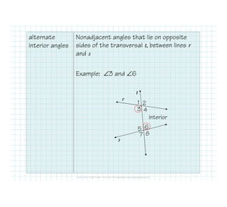 alternate
interior angles
Nonadjacent angles that lie on opposite
sides of the transversal t, between lines r
and s
Example: ∠3 and ∠6
1 2
r
t
87
65
43
1 2
s
interior
 