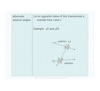 alternate
exterior angles
Lie on opposite sides of the transversal t,
outside lines r and s
Example: ∠1 and ∠8
1 2
r texterior
87
65
43
1 2
s
exterior
 