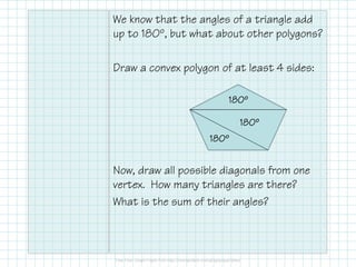 We know that the angles of a triangle add
up to 180º, but what about other polygons?
Draw a convex polygon of at least 4 sides:
180º
180º
180º

Now, draw all possible diagonals from one
vertex. How many triangles are there?
What is the sum of their angles?

 