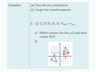 Examples
(a) Describe the composition
(b) Graph the transformations
2. (2, 1), (3, 5), (5, 2): R180°
ry=2
a) Reflect across the line y=2 and then
rotate 180°.
b)
