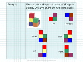 Example Draw all six orthographic views of the given
object. Assume there are no hidden cubes.
top bottom
front back
rightleft