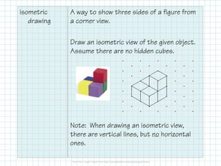 isometric
drawing
A way to show three sides of a figure from
a corner view.
Draw an isometric view of the given object.
Assume there are no hidden cubes.
Note: When drawing an isometric view,
there are vertical lines, but no horizontal
ones.