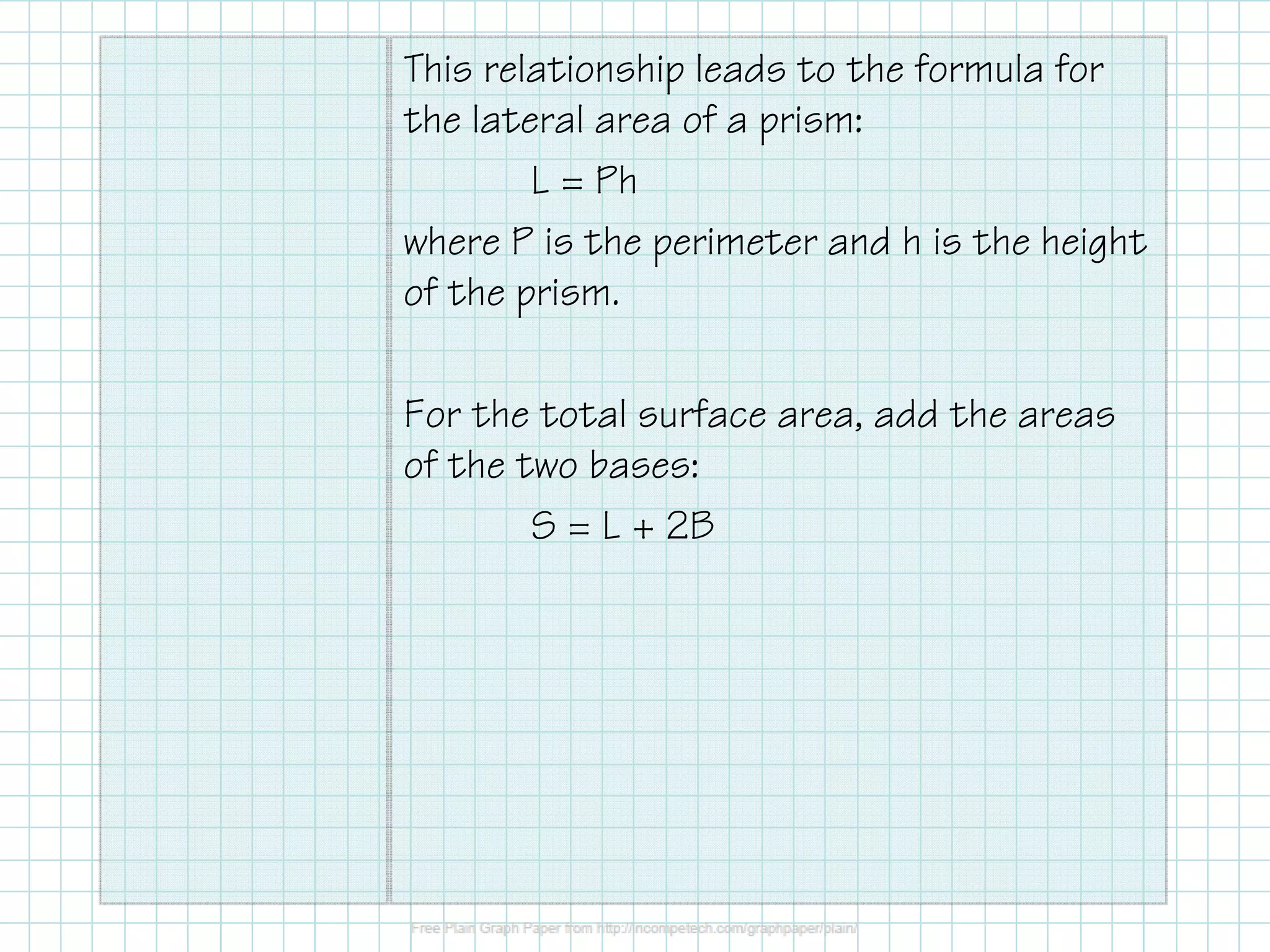 This relationship leads to the formula for
the lateral area of a prism:
L = Ph
where P is the perimeter and h is the height
of the prism.
For the total surface area, add the areas
of the two bases:
S = L + 2B
 