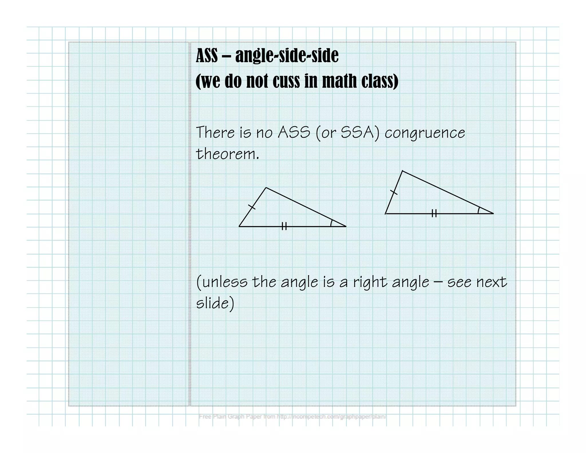 ASS – angle-side-side 
(we do not cuss in math class) 
There is no ASS (or SSA) congruence 
theorem. 
(unless the angle is a right angle — see next 
slide) 
 