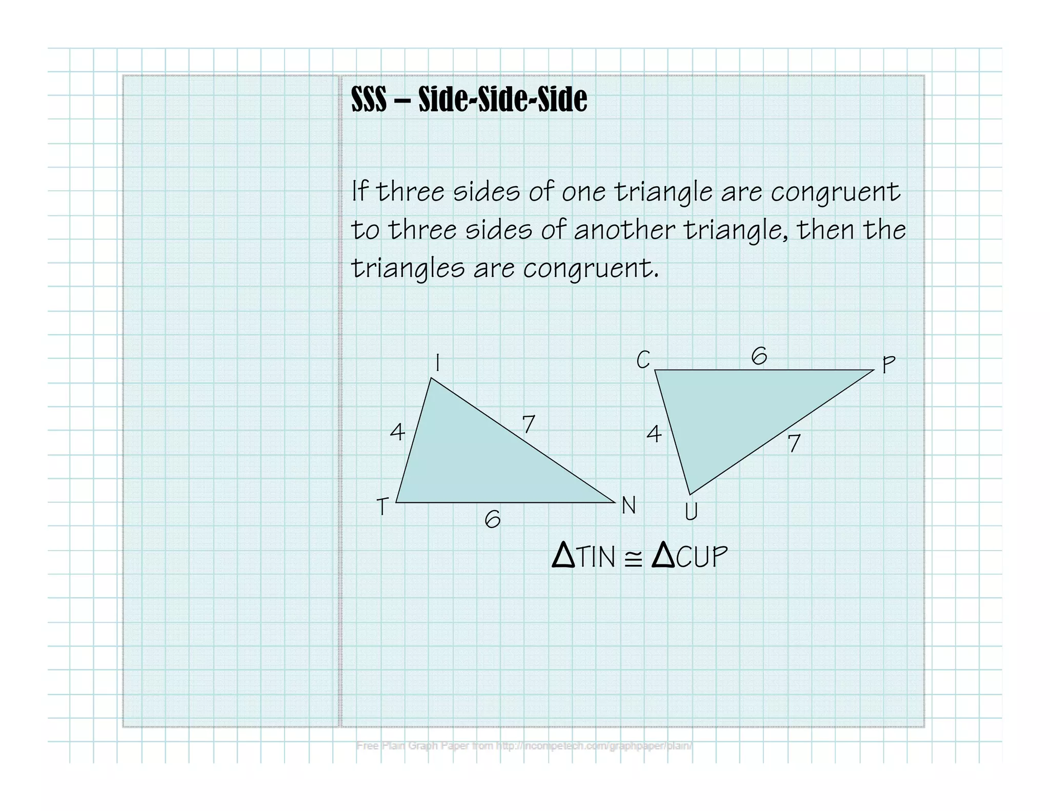 SSS – Side-Side-Side 
If three sides of one triangle are congruent 
to three sides of another triangle, then the 
triangles are congruent. 
T 
I 
C 
N 
U 
P 
4 
6 
7 4 
6 
7 
TIN @ CUP 
 