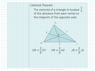 Centroid Theorem 
The centroid of a triangle is located 
of the distance from each vertex to 
the midpoint of the opposite side. 
G 
H 
J 
X Y 
R 
Z 
= 2 
2 
GR GY 
3 
= 2 
HR HZ 
3 
JR JX 
3 
= 
2 
3 
 