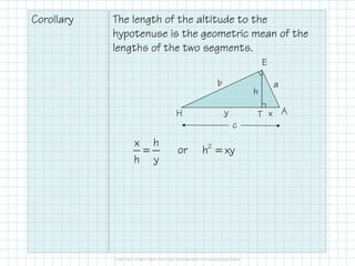Corollary The length of the altitude to the
hypotenuse is the geometric mean of the
lengths of the two segments.
H
E
AT
ab
xy
c
h
=
x h
h y
or =2
h xy