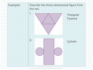 Examples Describe the three-dimensional figure from
the net.
1.
2.
Triangular
Pyramid
Cylinder
 