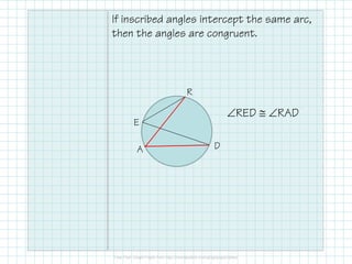 If inscribed angles intercept the same arc,
then the angles are congruent.
R
E
∠RED ≅ ∠RAD
A D
 