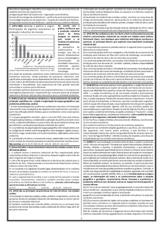 2
descrita na reportagem, identifica-se o seguinte par de características de
modelos distintos do capitalismo:
a) organização fabril do taylorismo –legislação social fordista.
b) nível de tecnologia do neofordismo –perfil artesanal manchesteriano.
c) estratégia empresarial do toyotismo –relação de trabalho pré-fordista.
d) regulação estatal do pós-fordismo –padrão técnico sistêmico-flexível.
6. (UFU-MG) observe o gráfico a seguir.
Participação de algumas economias na
produção industrial do mundo
Disponível em: <http://economia.estadao.com.
br/noticias/economia,superado-pela-india-brasil-e-10-maior-
produtor-industrial-do-mundo,14393,0.htm>. Acesso em: jun. 2012.
De acordo com o
gráfico, verifica-se que
a produção industrial
ocorre de forma
desigual no planeta,
pois tende a se
localizar em paísesque
apresentam:
a) abundância de
matéria-prima e
energia, que são os
fatores fundamentais
para a concentraçãoe a
centralização de
atividades industriais,
sobretudo aquelas
consideradas de alta
tecnologia.
b) o modo de produção capitalista como ordenamento social, político e
econômico exclusivo, sendo promotor de processos industriais com
significativa automaçãoe poucodependente demão de obra especializada.
c) alto índice de IDH (Índice de desenvolvimento Humano), baixa taxa de
natalidade e fecundidade, alta expectativa de vida, grande mercado
consumidor e sistema viário eficiente.
d) condições políticas favoráveis aos empreendimentos e um expressivo
contingente populacional, responsável por consumir parte da produção
industrial e fornecer mão de obra necessária para a atividade produtiva.
8. (IFBA)tendo por referênciaadinâmicae o desenvolvimento do modo de
produção capitalista em r elação à organização do espaço geográfico e aos
problemasambientais, analise:
I. Ainternacionalização dos problemas ambientais durante a 2ªrevolução
Industrialfoi uma consequência das disputas Inter imperialistas ocorridas a
partir da unificação alemã e italiana, queseconstituíram como novos países
capitalistas.
II. o espaço geográfico mundial, após a crise de 1929, teve uma intensa
reorganizaçãoprodutiva,considerando a aplicação da política de bem-estar
social, o taylorismo/fordismo eo just in time, estruturas administrativas que
possibilitam a produção/reprodução ampliada do capital.
III. os problemas da organizaçãodo espaço geográfico têmrelação direta com
as categorias de análise centralda geografia, como paisagem, região,espaço,
território elugar,sendoestes, emmuitos momentos, adjetivados como meio
ambiente.
IV. a produção emsériee o consumode massa, implantados como New Deal,
estão na base da crisepela qualpassa a economia americana nos dias atuais.
São corretas: a) I, II, III, IV b) II, III, IV c) II, IV d) II, III e) I, II, III
9. (Aman-RJ)sobre o desenvolvimento industrial dosestados unidos, leiaas
afirmativasabaixo:
I. o sudeste iniciou o processo industrial do País impulsionado pelos
importantes centros comerciais e bancários daquela região e pela mão de
obra imigrante de origem europeia;
II. com o fim da guerra civil, o eixo industrial se deslocou do sudeste para o
nordeste do País, impulsionando o crescimento de importantes centros
urbanos como o de nova York;
III. no nordeste ena regiãodos Grandes lagos,desenvolveram-se as indústrias
de bens deprodução, baseadas no carvãoe no minério de ferro, e nasceu a
indústria automobilística;
IV. após a segunda Guerra mundial, o sule o oeste doPaís passaram a receber
crescentes investimentos industriais também atraídos pelos campos
petrolíferos do Golfo do México e da Califórnia. Assinale aalternativaque
apresentatodasasafirmativas corretas.
a) I e II b) I e III c) II e III d) II e IV e) III e IV
10. (IFCE) são as principais características do Vale do silício, nos estados
unidos:
a) localizado no oestedos estados unidos, próximo a importantes centros de
pesquisa, forma um complexo industrial com destaque para os ramos típicos
da terceira revolução Industrial.
b) também conhecido por cinturão (belt), constitui-se na principal área
produtora de cereais dos estados unidos,sobretudo demilhoe trigo,além de
pecuária intensiva.
c) formado por erosão glacial, constitui-se numa área de preservação
permanente,ondese destacamas faias, as sequoias e as bétulas, espécies
típicas da floresta boreal.
d) localizado no nordeste dos estados unidos, constitui-se numa área de
antiga concentração industrial, destacando-se as indústrias de bens de
produçãopela abundância dematérias-primas,energia e mão de obra e pela
facilidade de transporte.
e) é uma das principais áreas deextração mineral, sobretudo desilício, cobre
e ferro, altamente prejudicada pela degradação do meio ambiente.
11. (PUC-SP) Na confluência dos rios Reno e Ruhr na Alemanha háumadas
maiores concentrações industriais do mundo em cidades como colônia,
Dortmund, Essen, com destaque para indústrias siderúrgicas, mecânicas e
químicas. os principais fatores que explicam essa importante localização
industrial são:
a) a imposiçãodos nazistas no período anterior à segunda Guerra quando a
Alemanha se industrializa.
b) as enormes jazidas de ferroe manganês e a facilidade de escoamento da
produção pela hidrovia do Elba até o porto de Hamburgo, associados à
existência de mão de obra e de um mercado consumidor.
c) as enormes jazidas dehulha, associadas à facilidade de escoamento da
produçãoatéo mar donorte via “corredor” polonês, embora a disponibilidade
de mão de obra fosse reduzida.
d) as enormes jazidas dehulha e a facilidade deescoamento da produção pela
hidrovia do Reno atéo porto deHamburgo, na Holanda,fatores associados à
existência de numerosa mão de obra e de mercado consumidor.
e) as enormes jazidas de hulha e a facilidade de escoamento da produção
através da hidrovia do Reno até o porto de Roterdã, na Holanda; a esses
fatores associam-se a existência demão deobra e de mercado consumidor.
12. (UnB-DF)Considerando apenas fatores geográficos, o Japão não de veria
ser uma das mais poderosas nações do mundo. em menos de um século –
depois que Matthew Perry aportou na baía de Tóquio pela segunda vez, em
1854 –, o Japão transformou-se de um estado isolado e praticamente
medieval,feudal, em uma superpotência econômica moderna e inovativa. De
fato, o Japão épequeno. Faltam-lhe recursos naturais importantes. Amaior
parte do país émontanhosa. as florestas, que são consideradas sagradas,
cobrem quase dois terços do país,o querepresenta mais doqueem qualquer
outra nação industrializada. Apenas 15% do seu território podem ser
aproveitados para a agricultura.Situado noanelde fogo do Pacífico, o Japão
está sujeito a violentos terremotos, erupções vulcânicas e “tsunamis”, ondas
devastadoras gigantescas, causadas pormaremotos. Com o auxílio do texto,
julgue ositensseguintes, indicando Verdadeiro ou Falso.
(1) no Pacífico, o Japãocentraliza uma vasta área de influência, constituindo-
se em um polo econômico.
(2) o comércio exterior é um dos pilares da economia japonesa.
(3) registram-se na História relações igualitárias e pacíficas, de intercâmbio
dos japoneses com outros povos asiáticos, o que facilitou a sua
industrialização mesmosem contarcomgrandes fontes de recursos naturais.
(4) o “anel de fogo doPacífico”,referido notexto, diz respeito a uma faixa de
instabilidade por ser o limite entre placas tectônicas.
13. (UFBA)Por sua localização noextremo leste da Ásia, o Japão é conhecido
como “terrado solnascente”.Formado por quatroilhas principais (Hokkaido,
Honshu, Shikoku e Kyushu), é bastante montanhoso, o que dificulta a
agricultura.Apequena quantidade de terra arável e a extensa zona costeira
levam ao desenvolvimentoda maior frotade pesca do mundo em tonelagem.
Em função da sua posiçãogeográfica,aliada às características geológicas, o
país é afetado porinúmeros desastres naturais. Após a derrota danação na II
Guerra Mundial, as instituições foram reconstruídas em moldes ocidentais.
Muito da tradição milenar, no entanto, se mantém. O país é um dos mais
competitivos exportadores de produtos eletrônicos e de automóveis, o que o
transformouem uma das grandes potências econômicas globais. Contudo, a
nação vive longo períodode instabilidade econômica, agravado com aeclosão
da crise financeira mundial.(JAPÃO, 2011, p. 511).Considerando-se o mapaa
seguir, as informações do texto e os conhecimentos sobre a situação
geográfica e geológica, características físicas, humanas e econômicas e
problemas atômicos que deixaram marcasno espaço territorial japonês, é
correto afirmar:
(01) A “terra do sol nascente” situa-se geologicamente na zona decontato de
placas tectônicas –destacando-sepor intensa atividadevulcânica e sísmica –
e tem sua tipologia climática ligada à localização
geográfica na zona temperada donorte, à extensão latitudinal e à ação das
correntes marítimas.
(02) Os primeiros contatos do Japão comos países ocidentais só ocorreram no
período entre a Primeira e a segunda Guerra mundial, ocasião em que
missionários católicos jesuítas desenvolveram trabalhos educativos com
crianças e jovens japoneses pobres.
(04) As cidades de Hiroshima e Nagasaki foram destruídas pela bomba
atômica, marcando o fimda segunda Guerra mundial, enquanto o terremoto
 