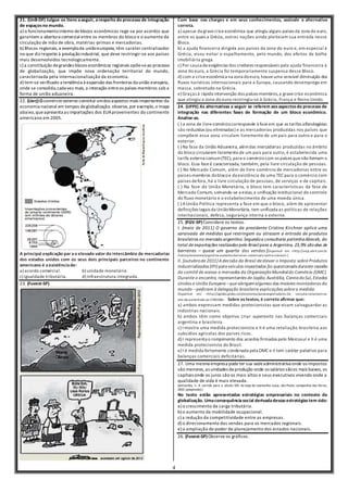 4
21. (UnB-DF) Julgue os itens aseguir, arespeito do processo de integração
de espaçosno mundo.
a) o funcionamentointerno deblocos econômicos rege-se por acordos que
garantem a abertura comercial entre os membros do bloco e o aumento da
circulação de mão de obra, matérias-primas e mercadorias.
b) Blocos regionais, a exemploda uniãoeuropeia, têm caráter centralizador
no que diz respeito à produçãoindustrial, que deve restringir-se aos países
mais desenvolvidos tecnologicamente.
c) a constituição degrandes blocos econômicos regionais opõe-seao processo
de globalização, que impõe nova ordenação territorial do mundo,
caracterizada pela internacionalização da economia.
d) tem-se verificado a tendência à expansão das fronteiras da união europeia,
onde se consolida,cada vez mais, a interação entreos países-membros sob a
forma de união aduaneira.
22. (Uerj)Ocomércio externo constitui umdos aspectos mais importantes da
economia nacional em tempos deglobalização. observe, por exemplo,o mapa
abaixo,queapresenta as importações dos EUA provenientes do continente
americano em 2005.
A principal explicação par ao elevado valor do intercâmbio de mercadorias
dos estados unidos com os seus dois principais parceiros no continente
americano é aexistênciade:
a) acordo comercial. b) unidade monetária.
c) igualdade tributária. d) infraestrutura integrada.
23. (Fuvest-SP)
Com base nas charges e em seus conhecimentos, assinale a alternativa
correta.
a) apesar da gravecriseeconômica que atingiu alguns países da zona do euro,
entre os quais a Grécia, outras nações ainda pleiteiam sua entrada nesse
Bloco.
b) a ajuda financeira dirigida aos países da zona do euro e, em especial à
Grécia, visou evitar o espalhamento, pelo mundo, dos efeitos da bolha
imobiliária grega.
c) Por causa deexigências dos credores responsáveis pela ajuda financeira à
zona do euro, a Grécia foi temporariamente suspensa desse Bloco.
d) com a criseeconômica na zona doeuro, houveuma sensível diminuição dos
fluxos turísticos internacionais para a Europa, causando desemprego em
massa, sobretudo na Grécia.
e) Graças à rápida intervenção dos países-membros,a gravecrise econômica
que atingiu a zona do euro restringiu-se à Grécia, França e Reino Unido.
24. (UFPE) As alternativas a seguir se referem aosaspectosdo processo de
integração nas diferentes fases de formação de um bloco econômico.
Analise-as.
( ) a zona de livre-comérciocorresponde à faseem que as tarifas alfandegárias
são reduzidas (ou eliminadas) e as mercadorias produzidas nos países que
compõem essa zona circulam livremente de um país para outro e para o
exterior.
( ) Na fase da União Aduaneira, alémdas mercadorias produzidas no âmbito
do bloco circularem livremente de um país para outro, é estabelecida uma
tarifa externa comum(TEC), para o comérciocom os países quenão formam o
bloco. Essa fase é caracterizada, também, pela livre circulação de pessoas.
( ) No Mercado Comum, além do livre-comércio de mercadorias entre os
países-membros doblocoe da existência de uma TEC para o comércio com
países defora, há a livre circulação de pessoas, de serviços e de capitais.
( ) Na fase da União Monetária, o bloco tem características da fase de
Mercado Comum, somando-se a estas,a unificação institucional do controle
do fluxo monetário e o estabelecimento de uma moeda única.
( ) AUnião Política representa a fase em que o bloco, além de apresentar
definições legais da UniãoMonetária, tem unificada as políticas de relações
internacionais, defesa, segurança interna e externa.
25. (FGV-SP)Considere os textos.
I. [maio de 2011] O governo da presidente Cristina Kirchner aplica uma
saraivada de medidas que restringem ou atrasam a entrada de produtos
brasileiros no mercadoargentino. Segundoa consultoria portenhaAbeceb, do
total de exportações realizadas pelo Brasilpara a Argentina, 23,9% sãoalvo de
barreiras – quase um quarto das vendas.[Disponível em: <http://veja.abril.com.br
/noticia/economia/argentina-aumenta-barreiras--comerciais-contra-o-brasil>.]
II. [outubrode 2011]Adecisão do Brasil de elevar o Imposto sobre Produtos
Industrializados (IPI) paraveículos importados foi questionadadurante reunião
do comitê de acesso a mercados da OrganizaçãoMundialdo Comércio (OMC).
Durante o encontro, representantes de Japão, Austrália, CoreiadoSul,Estados
Unidos e União Europeia–que abrigamalgumas das maiores montadoras do
mundo –pediram à delegação brasileira explicações sobre a medida.
Disponível em: <http://oglobo.globo.com/economia/paisesexportadores-De -veiculos-reclamam-na-
omc-do-aumentodo-ipi-2786588>. Sobre ostextos, é correto afirmar que:
a) ambos expressam medidas protecionistas que visam salvaguardar as
indústrias nacionais.
b) ambos têm como objetivo criar superavits nas balanças comerciais
argentina e brasileira.
c) I mostra uma medida protecionista e II é uma retaliação brasileira aos
subsídios agrícolas dos países ricos.
d) I representa o rompimento dos acordos firmados pelo Mercosul e II é uma
medida protecionista do Brasil.
e) I é medida fortemente condenada pela OMC e II tem caráter paliativo para
balanças comerciais deficitárias.
27. Uma mesma empresa pode ter sua sedeadministrativa onde os impostos
são menores,as unidades deprodução onde os salários sãoos mais baixos, os
capitais onde os juros são os mais altos e seus executivos vivendo onde a
qualidade de vida é mais elevada.
[seVcenKo, n. A corrida para o século XXI: no loop da montanha russa. são Paulo: companhia das letras,
2001 (adaptado).]
No texto estão apresentadas estratégias empresariais no contexto da
globalização. Umaconsequênciasocial derivadadessasestratégiastem sido:
a) o crescimento da carga tributária.
b) o aumento da mobilidade ocupacional.
c) a redução da competitividade entre as empresas.
d) o direcionamento das vendas para os mercados regionais.
e) a ampliação do poder de planejamento dos estados nacionais.
26. (Fuvest-SP)Observe os gráficos.
 