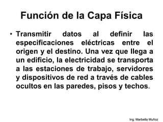 Función de la Capa Física
• Transmitir datos al definir las
especificaciones eléctricas entre el
origen y el destino. Una vez que llega a
un edificio, la electricidad se transporta
a las estaciones de trabajo, servidores
y dispositivos de red a través de cables
ocultos en las paredes, pisos y techos.
Ing. Marbella Muñoz
 
