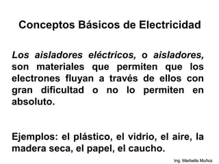 Conceptos Básicos de Electricidad
Los aisladores eléctricos, o aisladores,
son materiales que permiten que los
electrones fluyan a través de ellos con
gran dificultad o no lo permiten en
absoluto.
Ejemplos: el plástico, el vidrio, el aire, la
madera seca, el papel, el caucho.
Ing. Marbella Muñoz
 